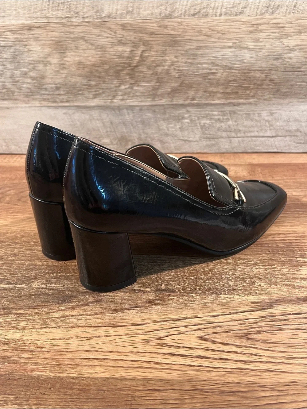 Naturalizer Wynrie Black Patent Leather Heeled Loafer Bit Pumps